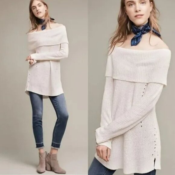 Anthropologie Moth Lucerne Off Shoulder Ecru Chenille Sweater - Picture 2 of 11